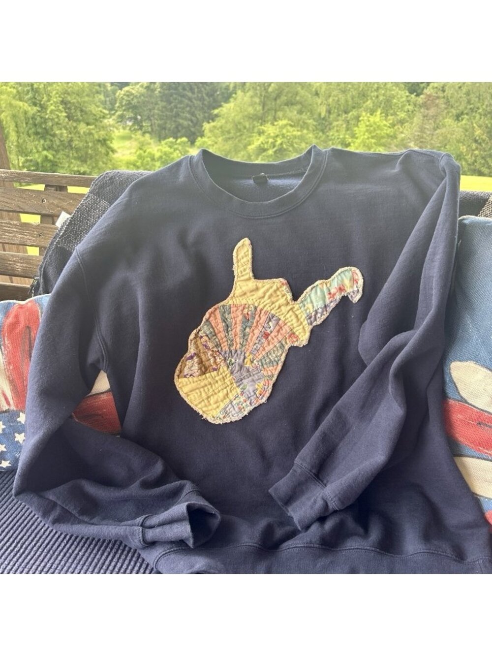 West Virginia  Quilt Patchwork , Upcycled Vintage Sweatshirt, Blue Unisex Size L